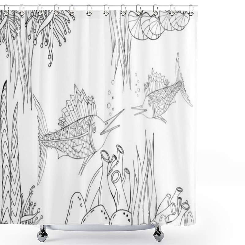 Personality  Marlin Fish. Vector Illustration Of Sea Animals. Oloring Book. Beautiful Drawings With Patterns And Small Details. For Anti-stress And Children S Coloring, Emblems Or Tattoos. Shower Curtains