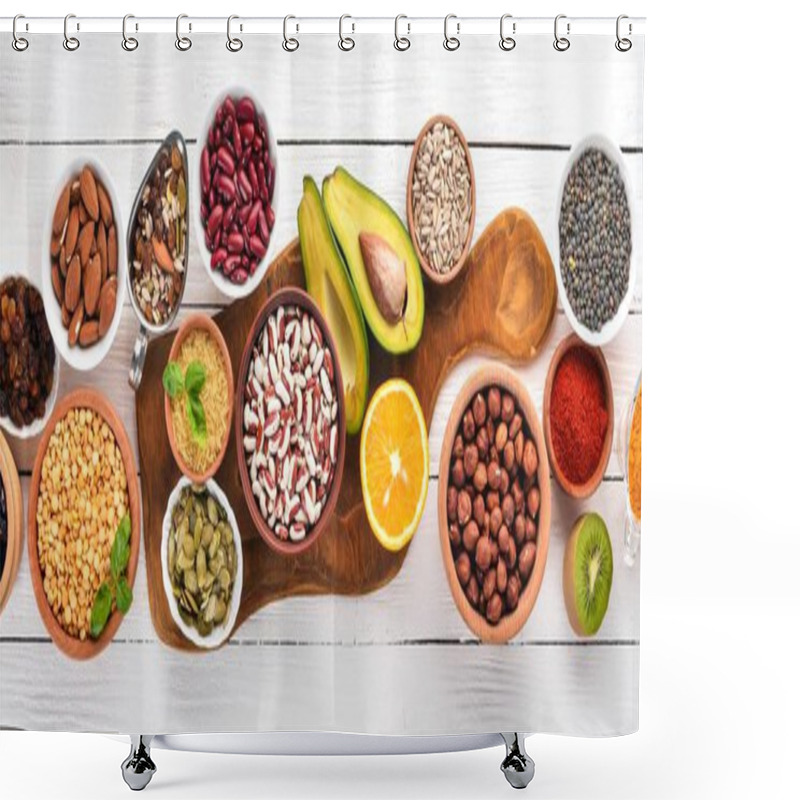 Personality  Superfoods Healthy Food. Nuts, Berries, Fruits, And Legumes. On A White Wooden Background. Top View. Free Copy Space. Shower Curtains