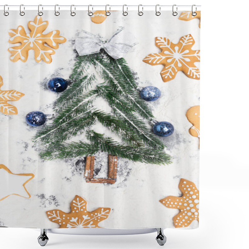 Personality  Top View Of Christmas Tree And Gingerbread Cookies On Snow Shower Curtains