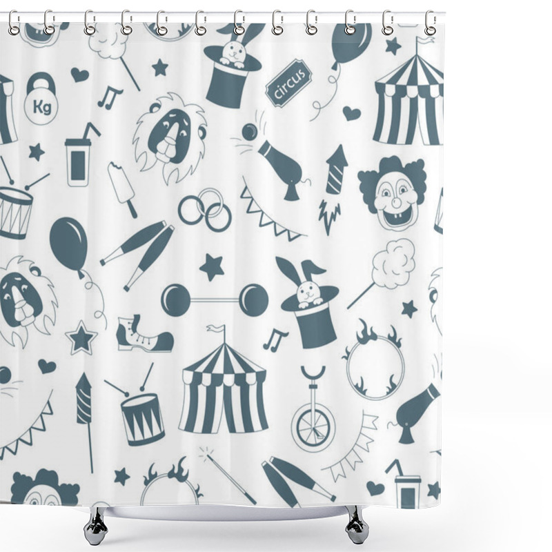 Personality  Seamless Pattern On The Theme Of Circus,  A Grey Silhouettes Of Icons On The White Background Shower Curtains