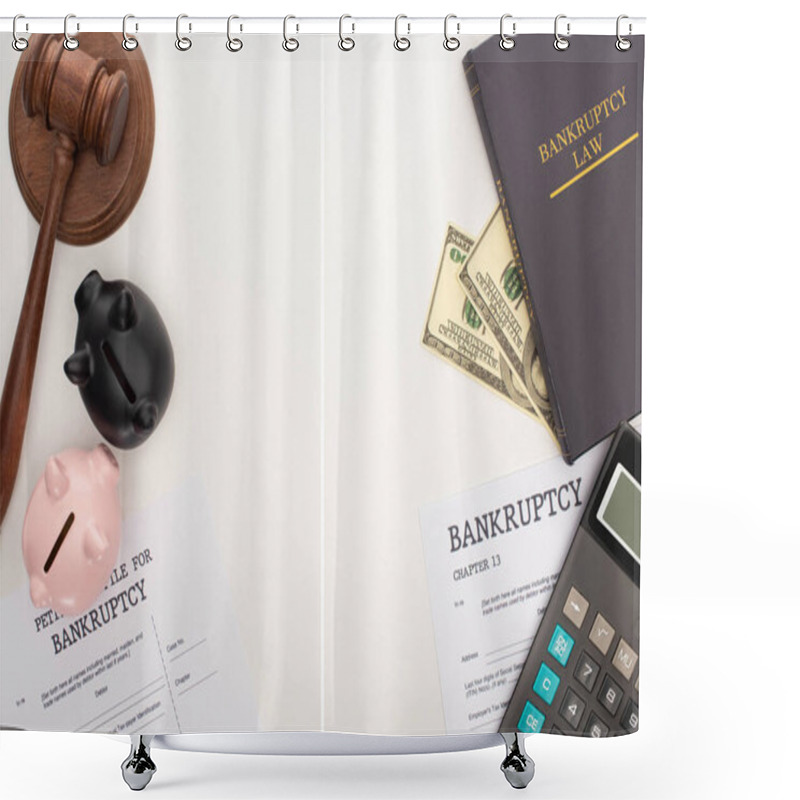 Personality  Top View Of Bankruptcy Papers And Law Book, Gavel, Piggy Banks, Money And Calculator On White Background, Collage Shower Curtains