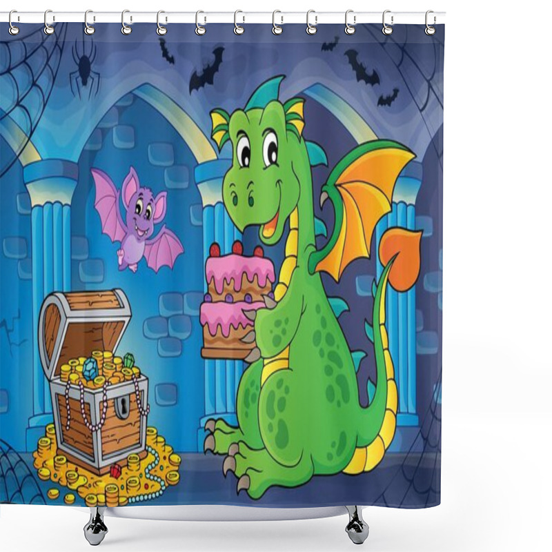 Personality  Dragon Holding Cake Theme Image 2 - Eps10 Vector Illustration. Shower Curtains