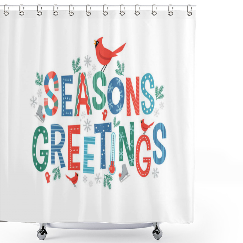 Personality  Colorful Lettering Seasons Greetings With Cardinals And Decorative Winter Design Elements. For Banners, Cards, Social Media And Invitations. Shower Curtains