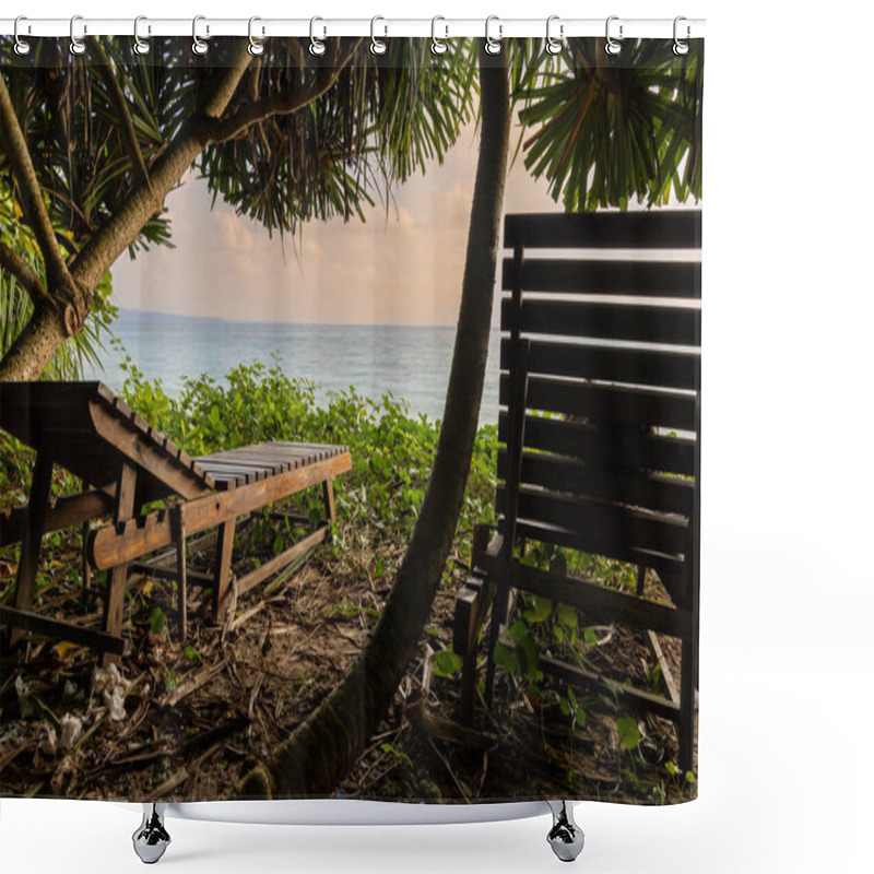 Personality  Wood Beach Chair Sitting With Sea Horizon Sunrise View From Unique Perspective At Morning Image Is Taken At Kala Pathar Beach Havelock Andaman And Nicobar Islands. Shower Curtains