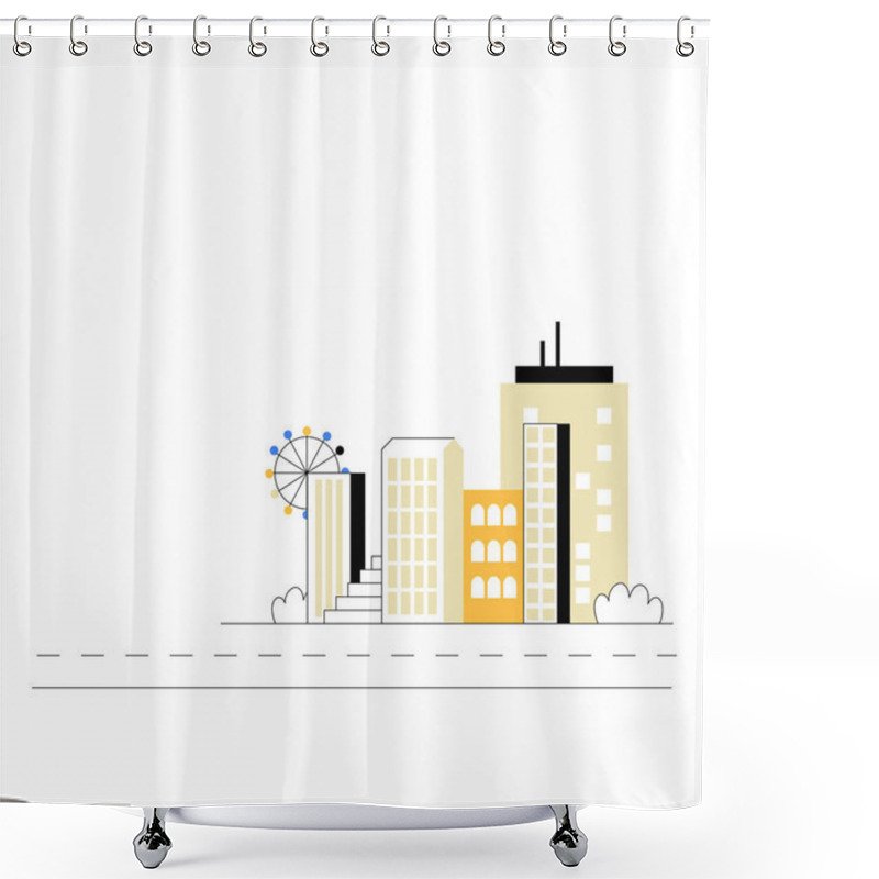 Personality  Urban Skyline Featuring Yellow Skyscrapers And A Ferris Wheel, Symbolizing Modern City Architecture, Entertainment, And Tourism, Isolated On White Background. Shower Curtains