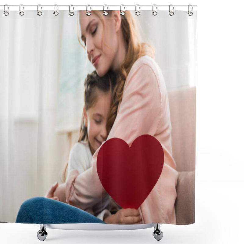 Personality  Happy Mother And Daughter With Red Heart Symbol Hugging At Home Shower Curtains