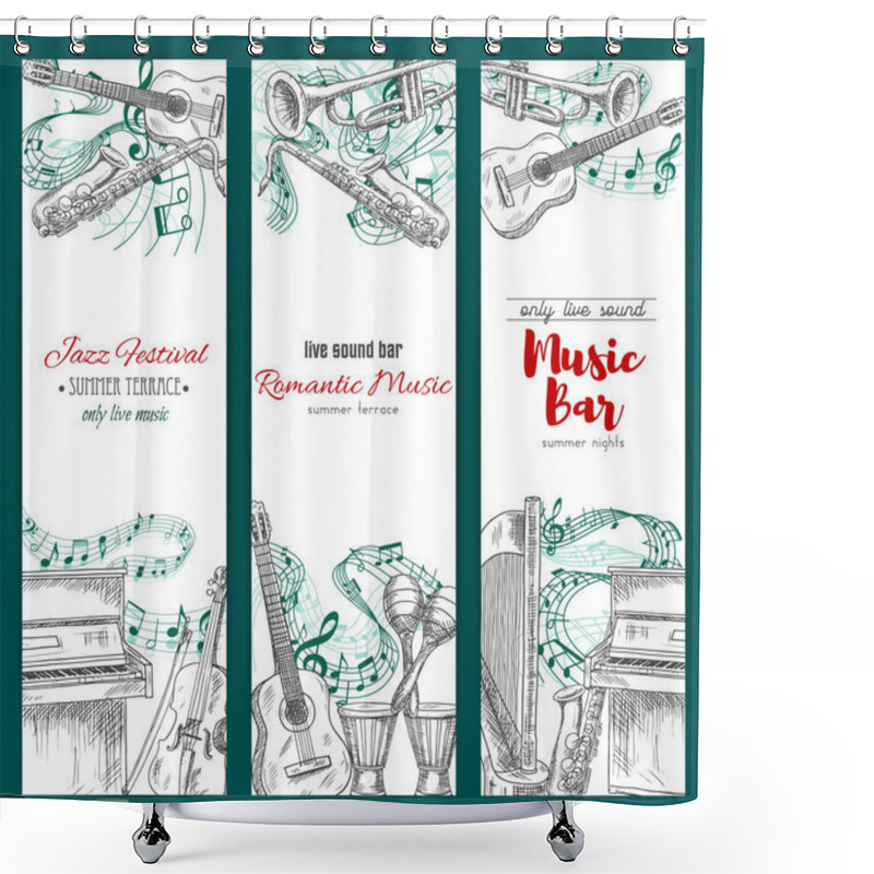 Personality  Musical Instruments Sketch, Music Festival Banners Shower Curtains