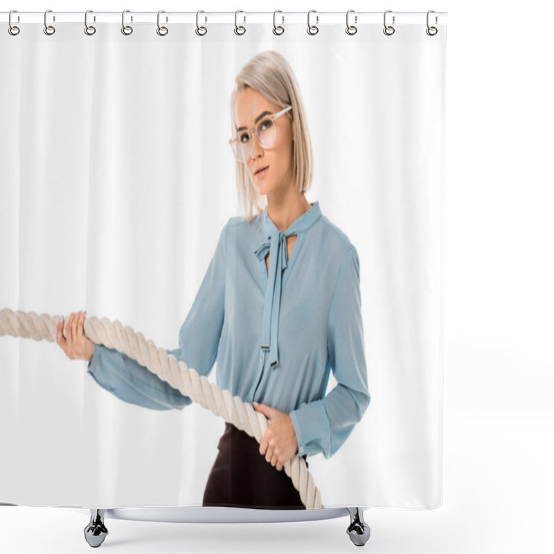 Personality  Beautiful Blonde Businesswoman In Glasses Pulling Rope Isolated On White Shower Curtains