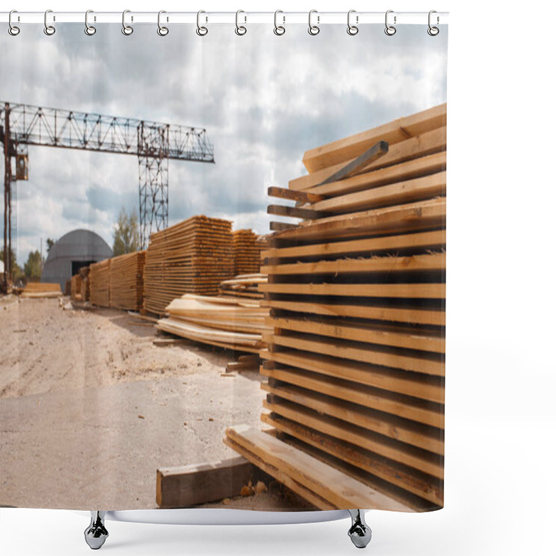 Personality  Boards On Timber Mill Warehouse Outdoor, Nobody, Lumber Industry, Carpentry. Wood Processing On Factory, Forest Sawing In Lumberyard, Sawmill Shower Curtains