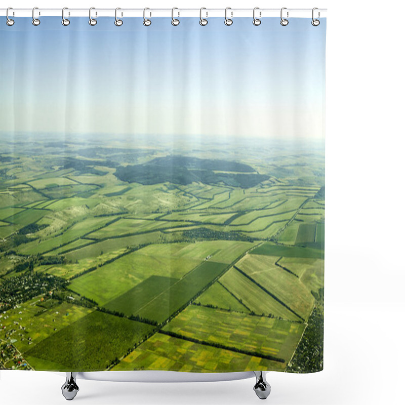 Personality  Aerial View Of A Green Rural Area Under Blue Sky Shower Curtains