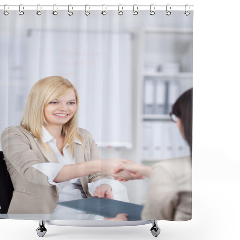 Personality  Businesswoman Shaking Hands With Female Candidate At Desk Shower Curtains