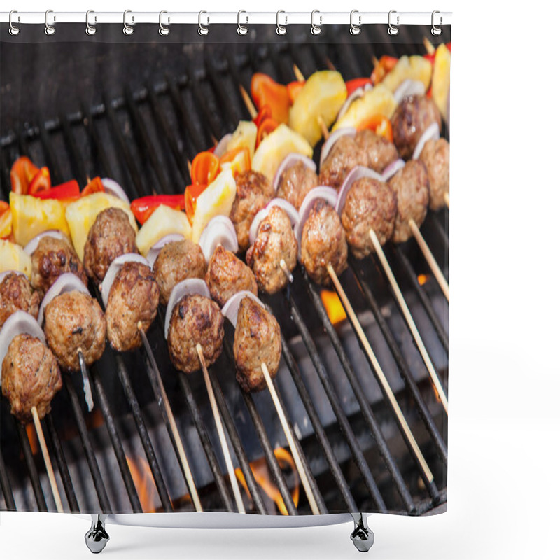 Personality  Grilled Meatball And Pineapple Kebabs Shower Curtains