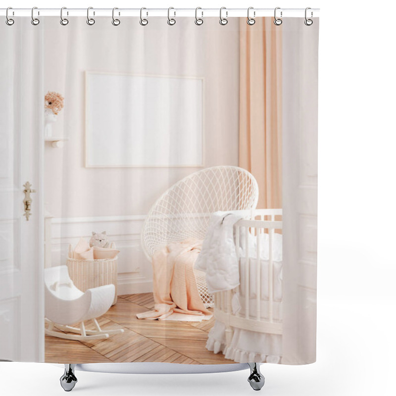 Personality  Mock Up Frame In Cozy Girls Nursery, Chic Style Interior Background, 3d Render Shower Curtains