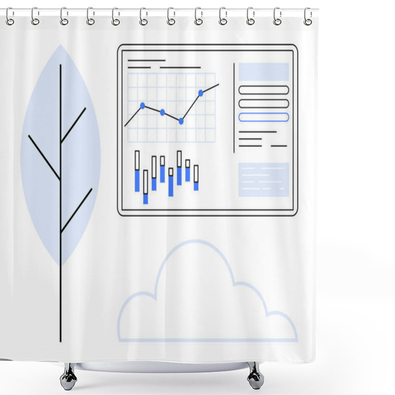 Personality  Data Analytics Dashboard Shows Line Graph, Bar Chart, And Text Details Near Minimalist Tree And Cloud. Ideal For Data Analysis, Business Growth, Eco-friendly Themes, Cloud Computing, Presentations Shower Curtains