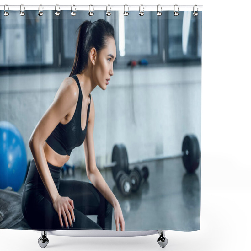 Personality  Side View Of Attractive Fit Woman Sitting On Workout Wheel After Training At Gym Shower Curtains