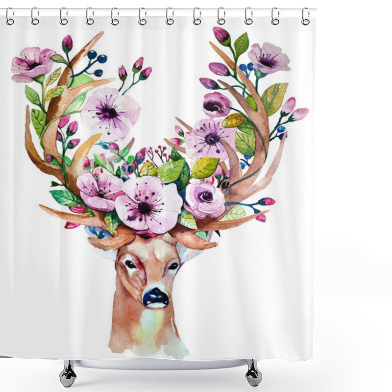 Personality  Hand Drawn Deer With Flowers Shower Curtains