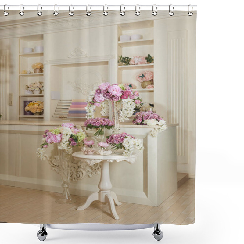 Personality  Interior Of Room With Rack, Table And Flowers In Glass Vases Shower Curtains