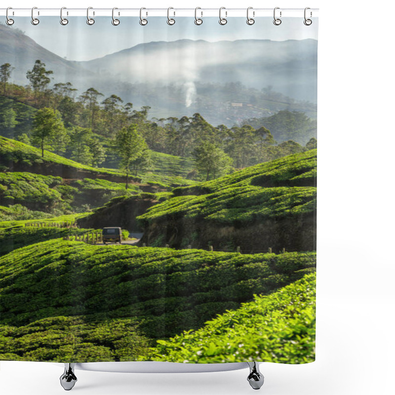 Personality  Tea Plantations Landscape With Indian Auto Rickshaw Driving Through In Munnar, India Shower Curtains