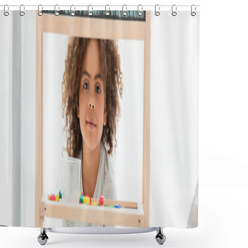 Personality  Panoramic Crop Of Curly African American Kid Near Wooden Frame  Shower Curtains