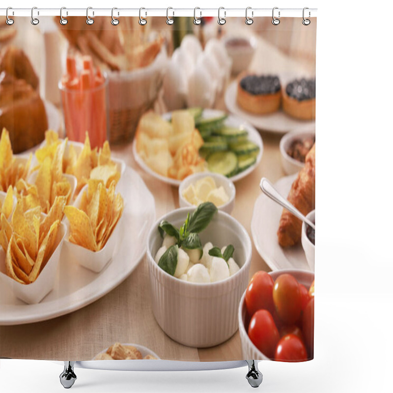 Personality  Dishes With Different Food On Table. Luxury Brunch Shower Curtains