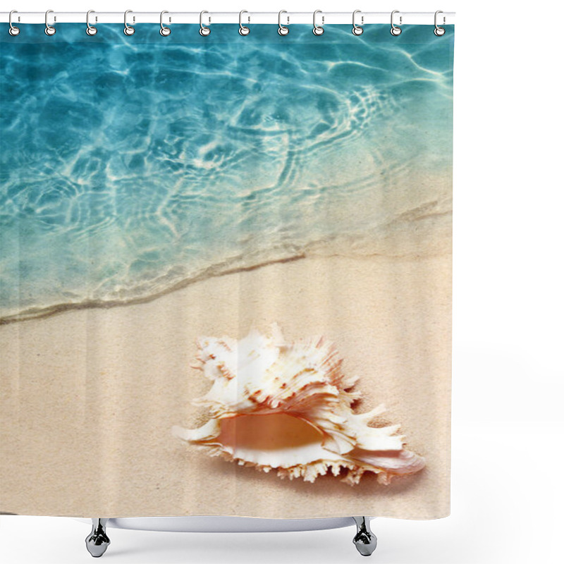 Personality  Seashell On The Summer Beach In Sea Water. Summer Background. Summer Time Shower Curtains