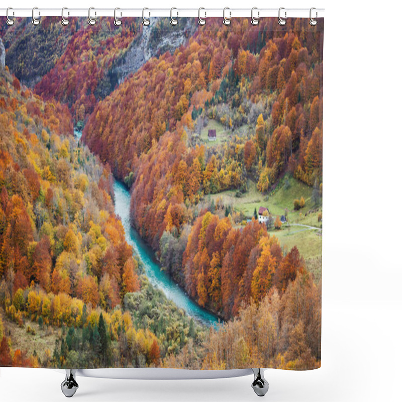 Personality  Beautiful Autumn View On The Yellow Trees And Piva River From The Durdevica Tara Bridge, Montenegro Shower Curtains