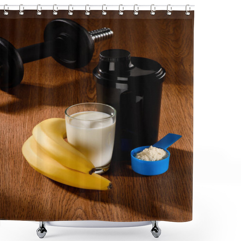 Personality  Protein Shake With Dumbbell And Bananas On Wooden Surface Shower Curtains