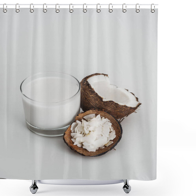 Personality  Organic Vegan Coconut Milk In Glass Near Coconut Half And Chips On Grey Background Shower Curtains