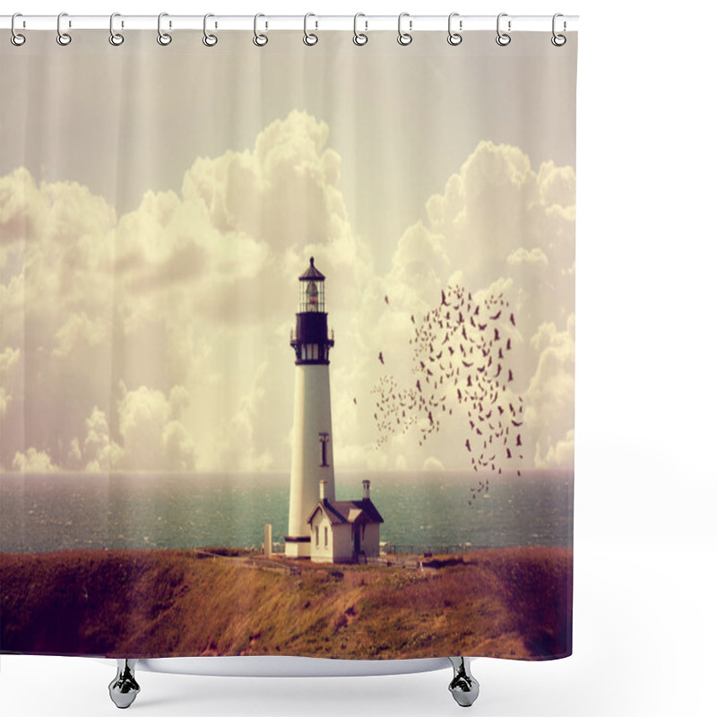 Personality  Lighthouse With Flock Of Birds Shower Curtains