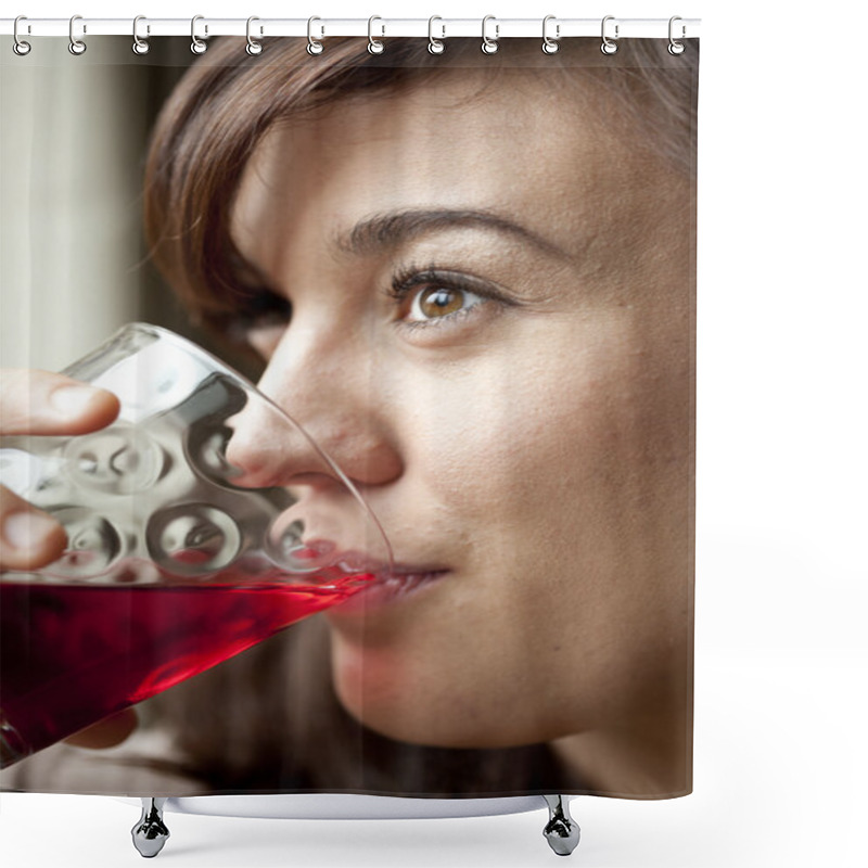 Personality  Young Woman Drinking Cranberry Juice Shower Curtains