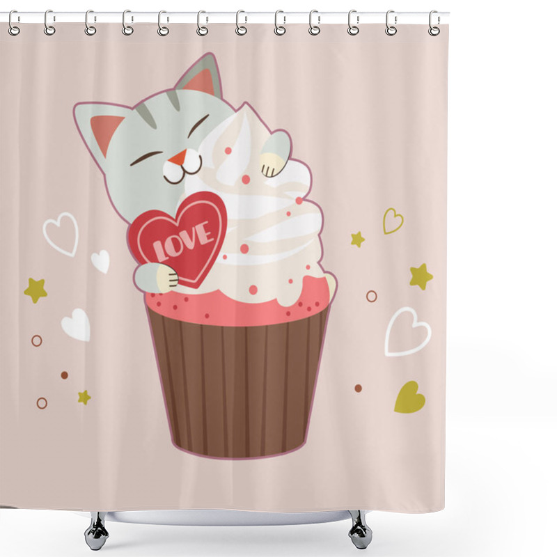 Personality  The Character Of Cute Cat Sitting In The Cupcake On The Pink Background. The Character Of Cute Cat In Valentine Day Theme. The Character Of Cute Cat In Flat Vector Style. Shower Curtains