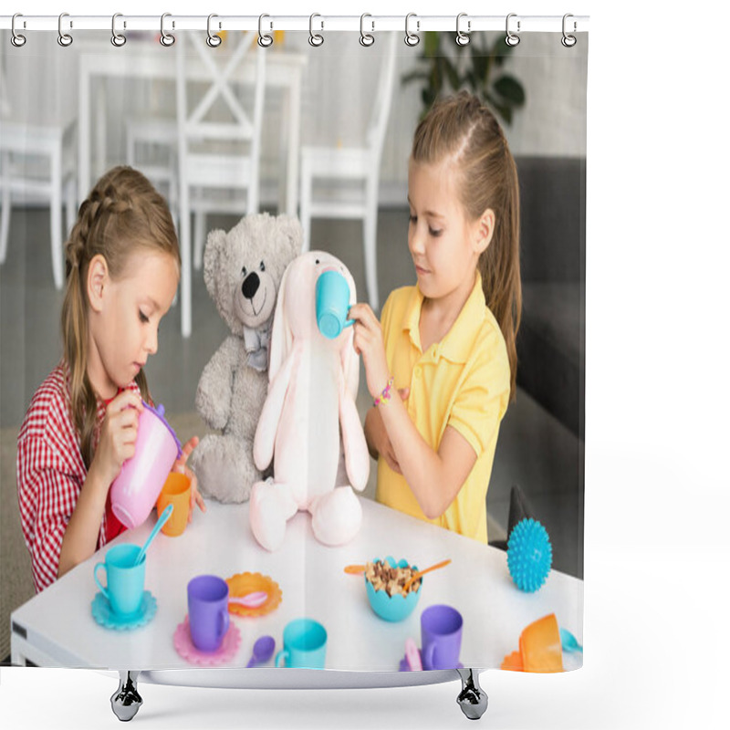 Personality  Adorable Little Sisters Pretending To Have Tea Party Together At Home Shower Curtains