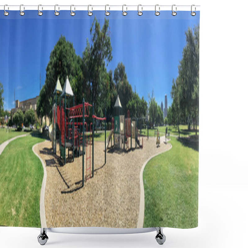 Personality  Panoramic Urban Playground Surrounded By Large Trees And Landmarks Background In Downtown Dallas, Texas, USA Shower Curtains