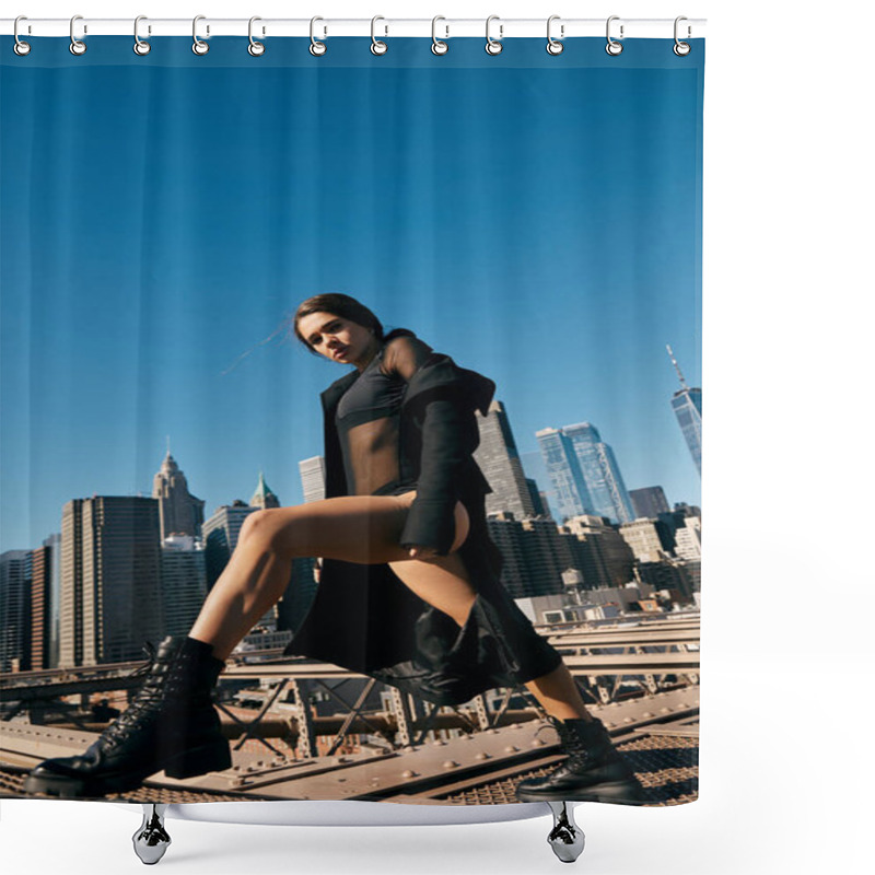 Personality  A Woman Dances On A Bridge In New York City. Shower Curtains