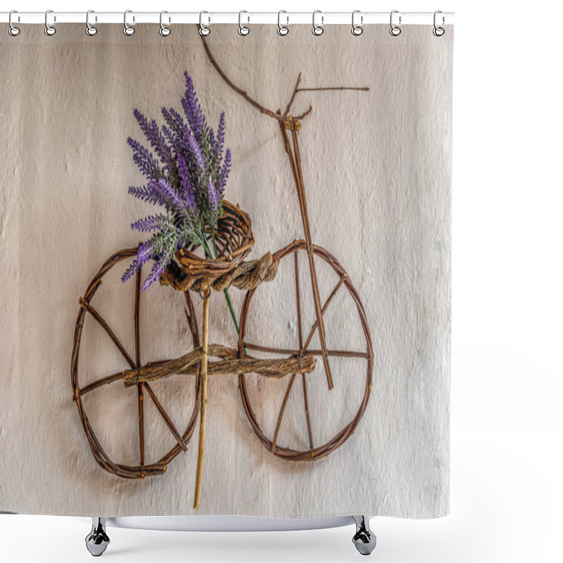 Personality  Purple Wildflower On Small Bicycle Ornament Handmade Using Thin Tree Branches Hanging On An Old Wall Shower Curtains