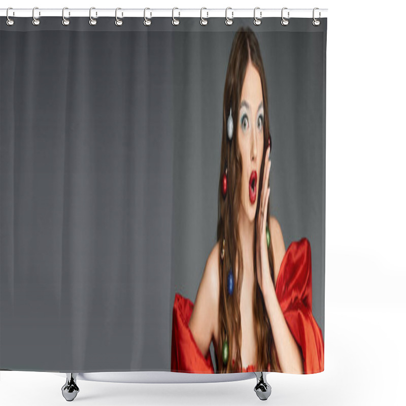 Personality  The Young Woman Expresses Shock And Excitement While Adorned With Holiday Ornaments. Shower Curtains