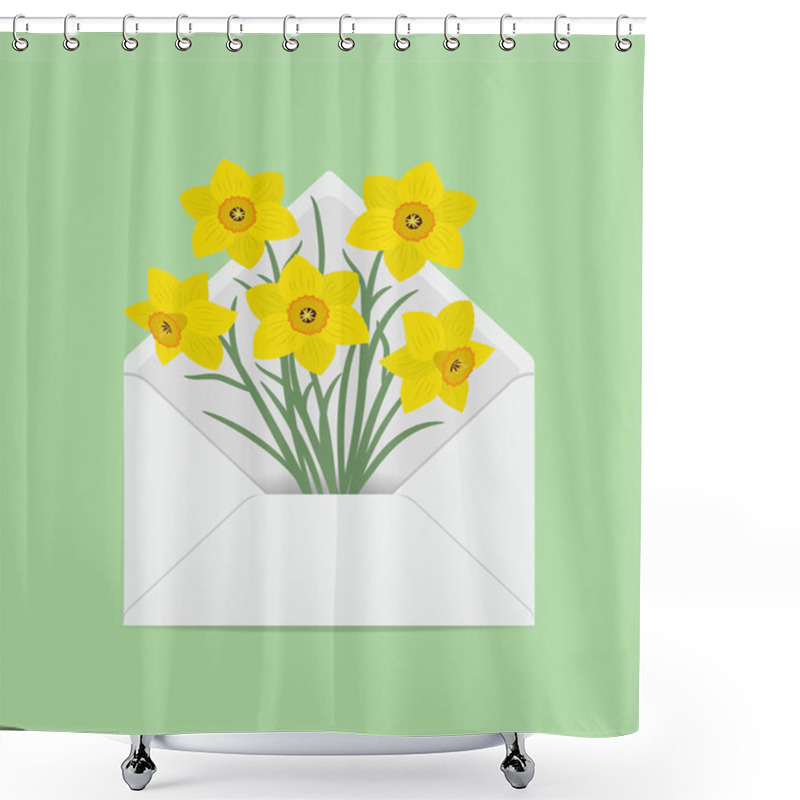 Personality  Yellow Daffodils In The Postal Envelope. Spring Flowers. Flower Delivery Concept. Floral Composition. Vector Illustration On A Green Background Shower Curtains