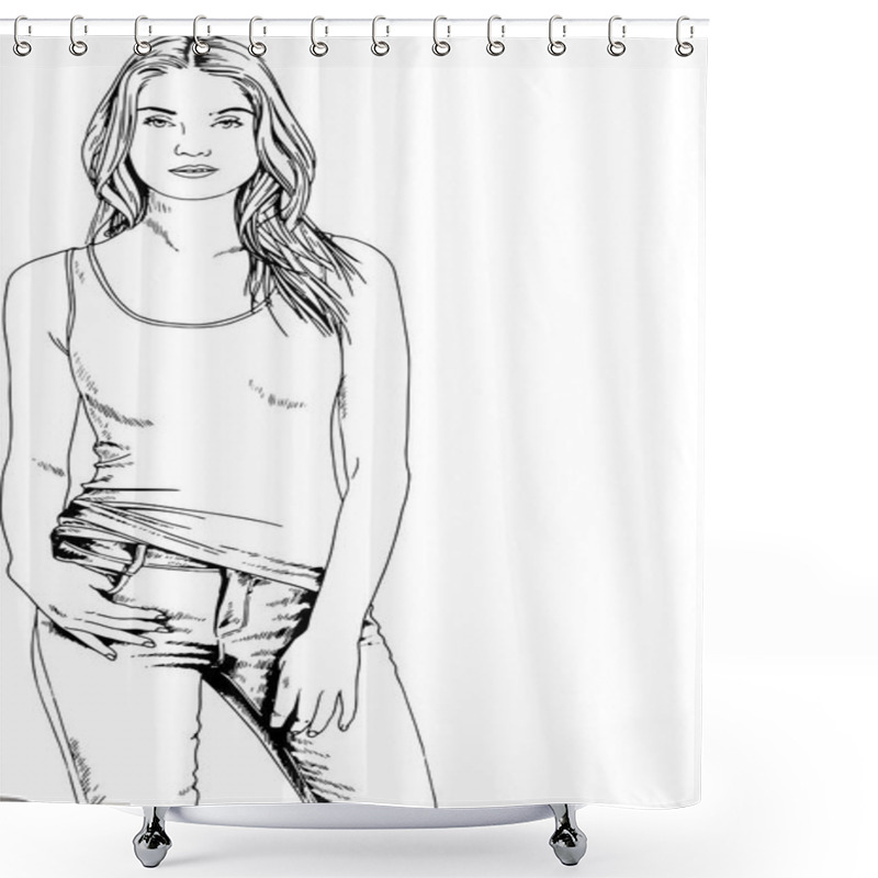 Personality  Beautiful Slim Girl In Casual Clothes, Drawn In Ink By Hand  Shower Curtains