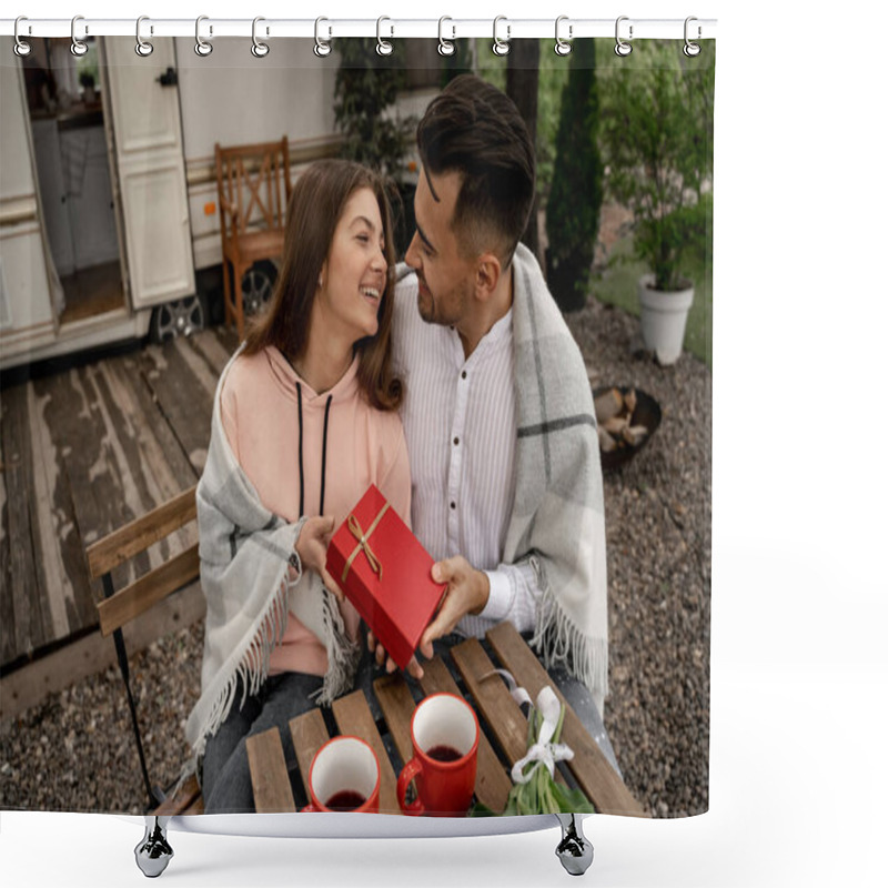 Personality  Man Presenting Gift To Happy Woman Near Coffee On Table In Camping Shower Curtains