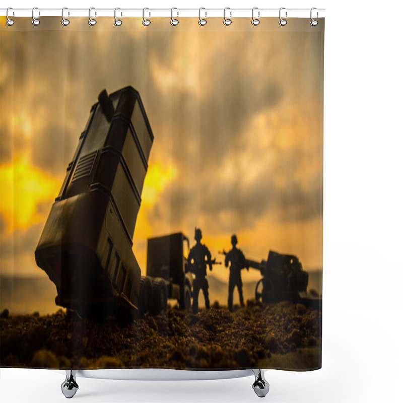 Personality  War Concept. Battle Scene With Rocket Launcher Aimed At Gloomy Sky At Sunset Time. Rocket Vehicle Ready To Attack On Cloudy War Background. Selective Focus Shower Curtains