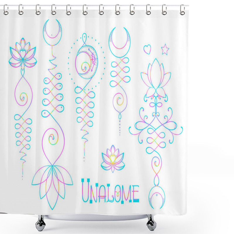 Personality  Lotus And Sacred Geometry. Unamole Hindu Symbol Of Wisdom And Path To Perfection. Set Of Tattoo Flesh, Yoga Logo, Buddhism Design. Boho Print, Poster, T-shirt Textile. Isolated Vector Illustration Set Shower Curtains