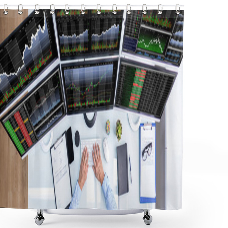 Personality  Stock Exchange Analyst Using Multiple Computer Screens Shower Curtains