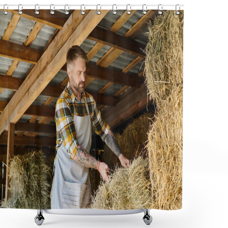 Personality  Attractive Dedicated Man With Beard And Tattoos Working With Bales Of Hay While On His Farm Shower Curtains