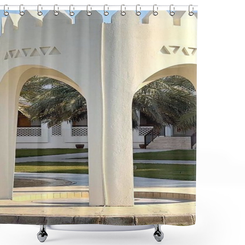 Personality  Traditional Arabic Structure With Arched Details Embodies Classic Design Principles. Light Enhances Arabic-traditional Geometry, Revealing Artistic Design Elements. Cultural Authenticity Displayed. Shower Curtains