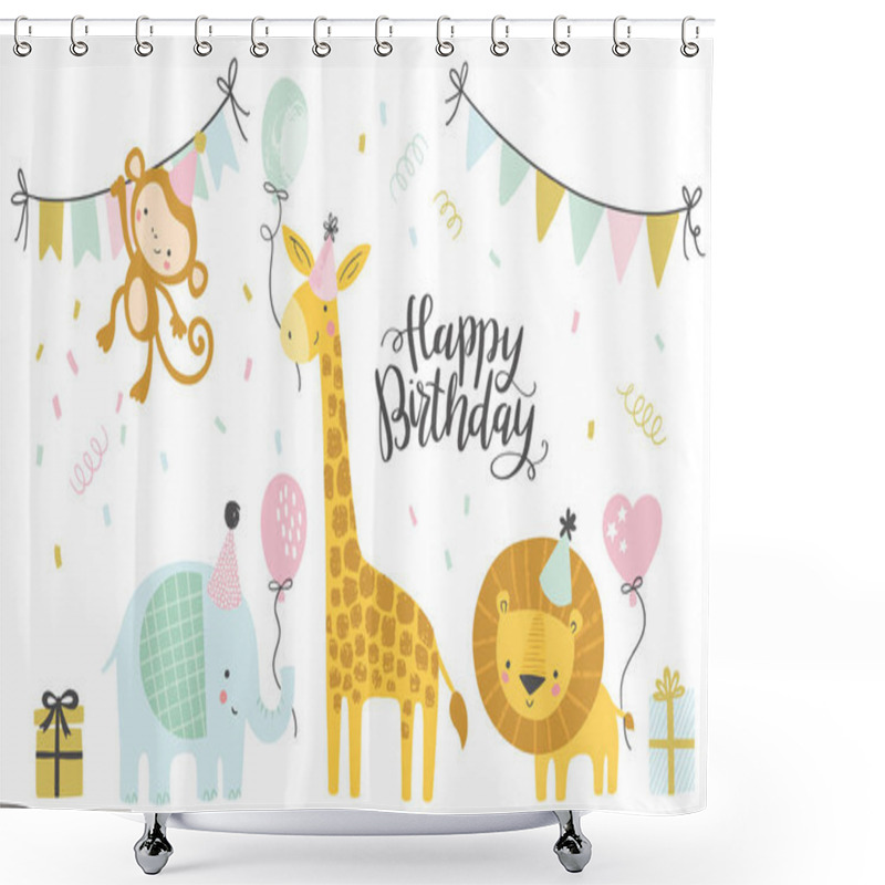 Personality  Birthday Vector Illustrations. Set Of Cute Cartoon Jungle Birthday Animals Illustration For Greeting, Invitation Kids Birthday Card Design Shower Curtains