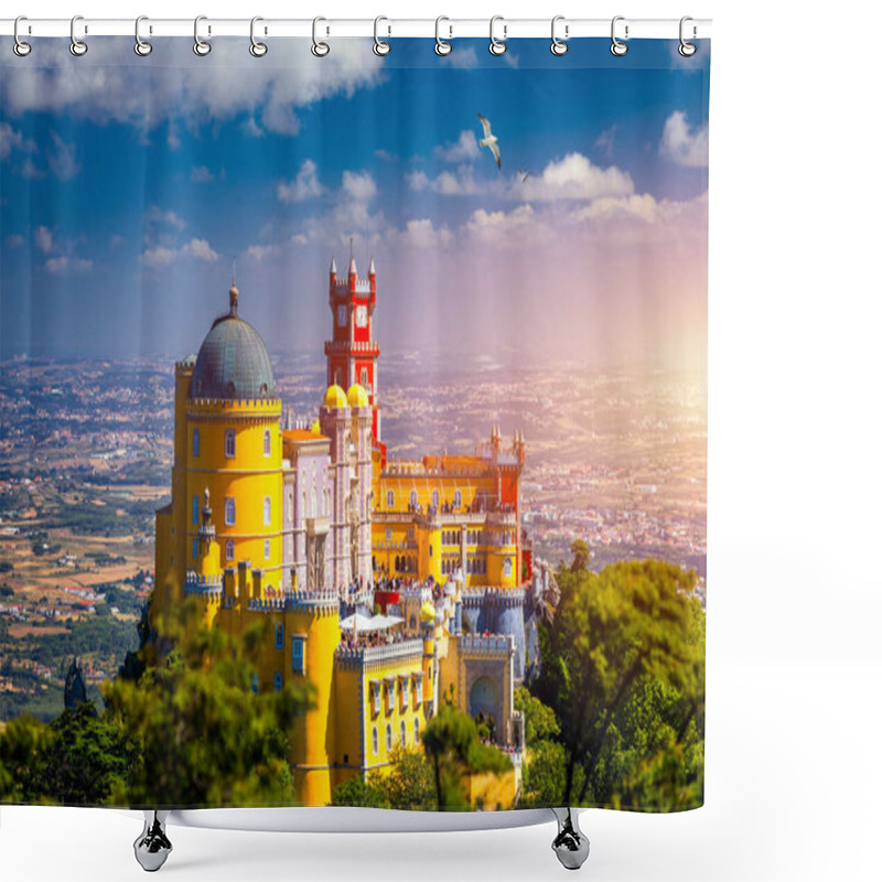 Personality  Famous Historic Pena Palace Part Of Cultural Site Of Sintra Against Sunset Sky In Portugal. Panoramic View Of Pena Palace, Sintra, Portugal. Pena National Palace At Sunset, Sintra, Portugal.  Shower Curtains