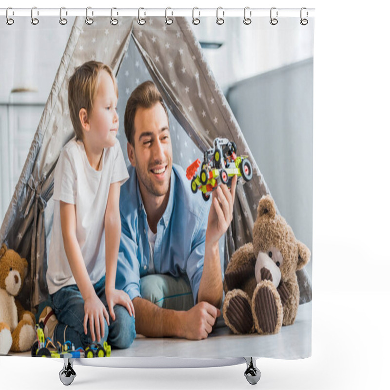 Personality  Father And Preschooler Son Playing With Toy Car Under Wigwam At Home Shower Curtains