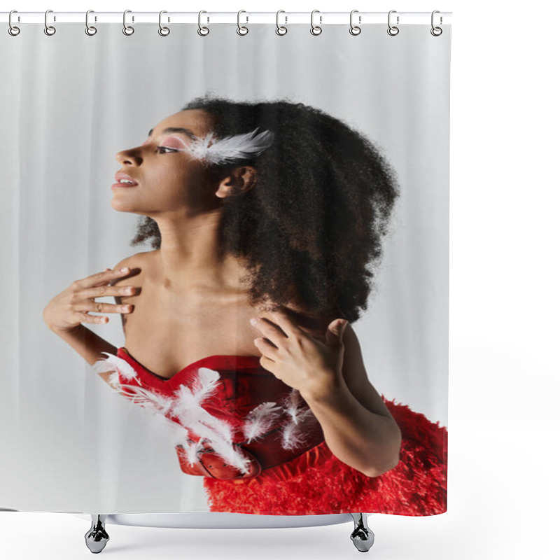 Personality  A Young Woman Showcases A Striking Red Outfit With Feathers, Exuding Confidence And Grace. Shower Curtains