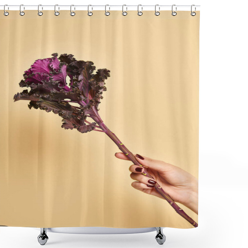 Personality  Object Photo Of Kale Leaf In Hand Of Young Unknown Female With Nail Polish On Pastel Yellow Backdrop Shower Curtains