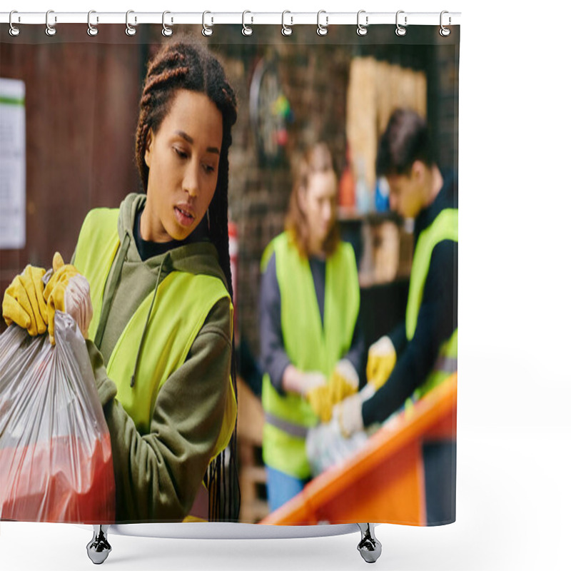 Personality  A Young Woman In A Green Vest And Gloves Holding A Bag Of Garbage, Participating In A Trash Sorting Activity With Other Eco-conscious Volunteers. Shower Curtains